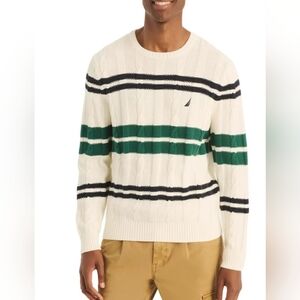 Nautica Men's Crewneck Sweater in White with Green and Black Stripes Size SMALL